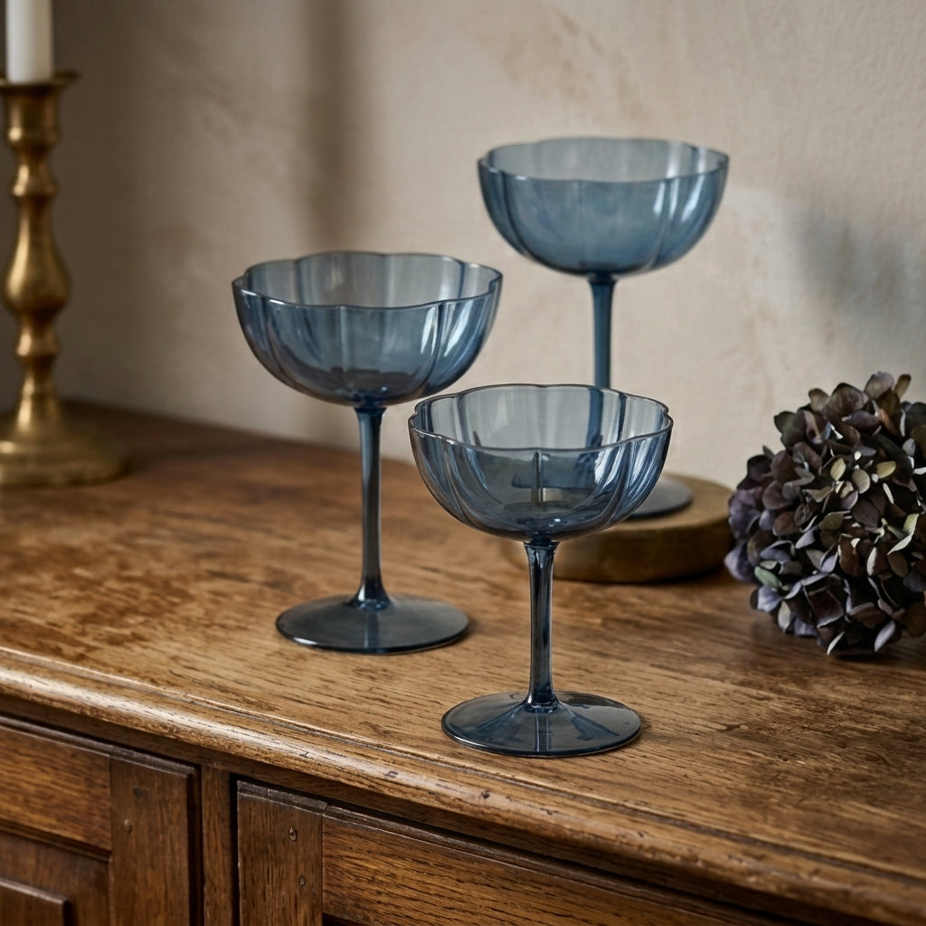Smoky Blue Petal Coupe Dessert Glass Set