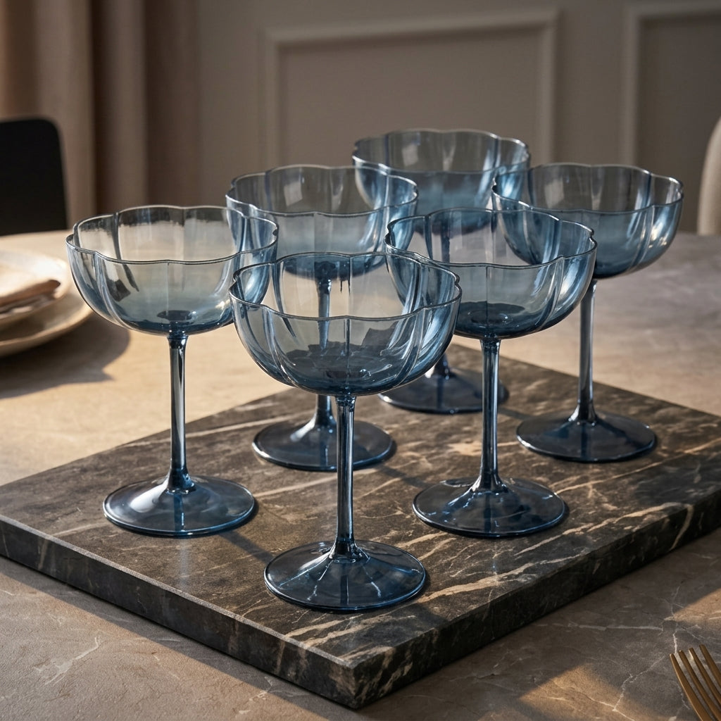 Smoky Blue Petal Coupe Dessert Glass Set
